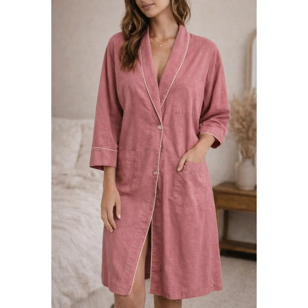 Vintage Pink Housecoat Women's M Button Front Cottagecore Lounge Retro 60s‎ 70s